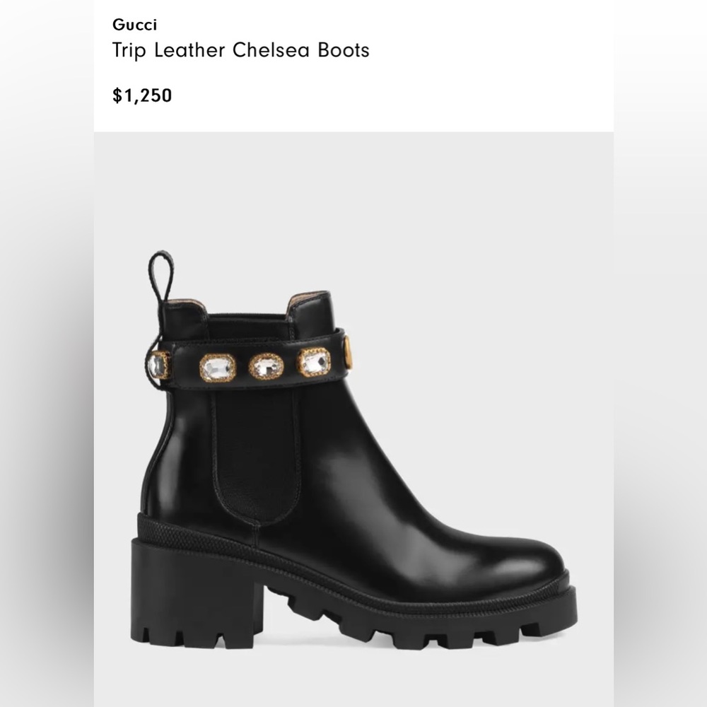 Gucci Black Leather Chelsea Combat Boots with Gold-Tone Crystal Strap
